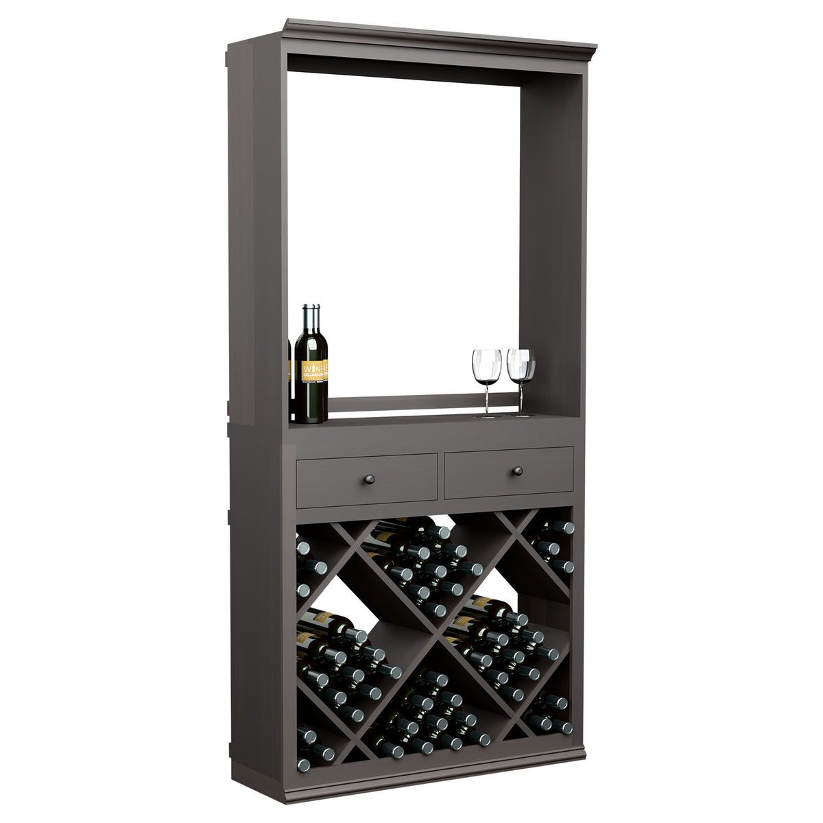 Gray wine tasting cabinet with open front, drawers, diamond wine bottle storage, and glasses