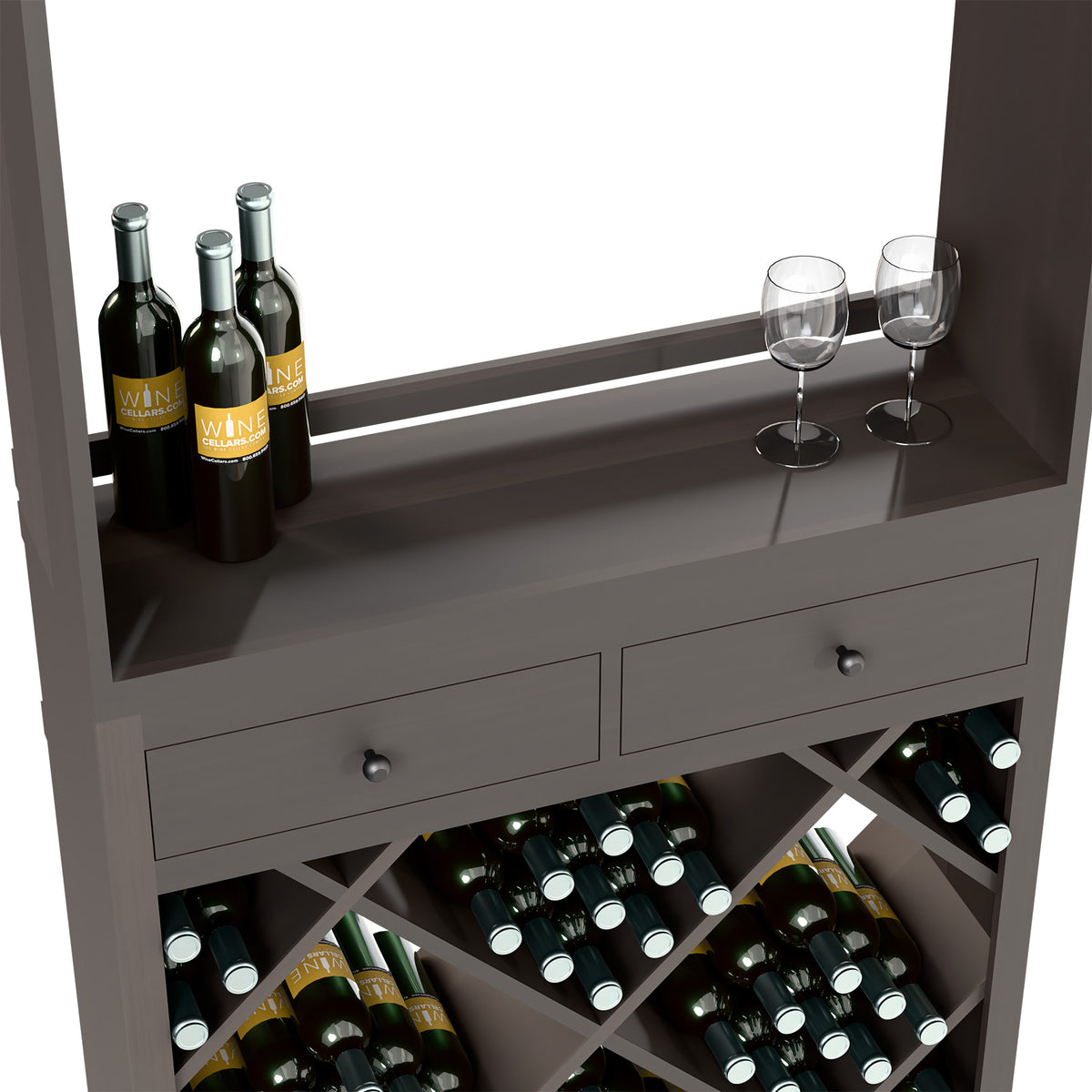Gray wine tasting cabinet with top wine bottles, two glasses, drawers, and diamond bottle racks