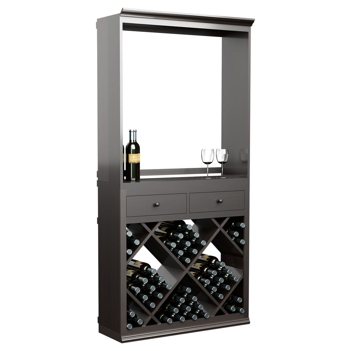 Gray wine tasting cabinet with top bottle, two glasses, drawers, and diamond-pattern bottle rack