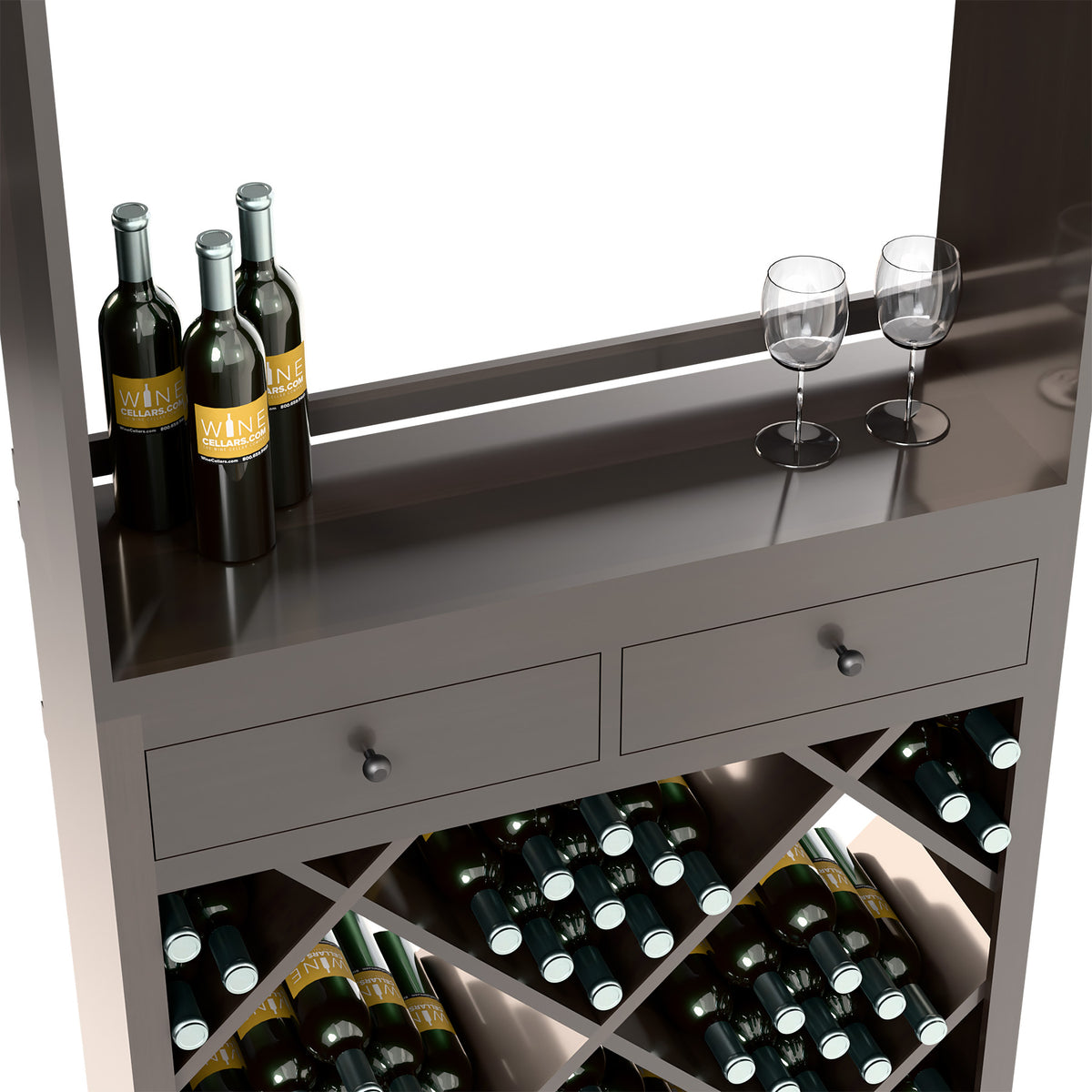 Gray wine tasting cabinet with top wine bottles, two glasses, drawers, and diamond wine storage