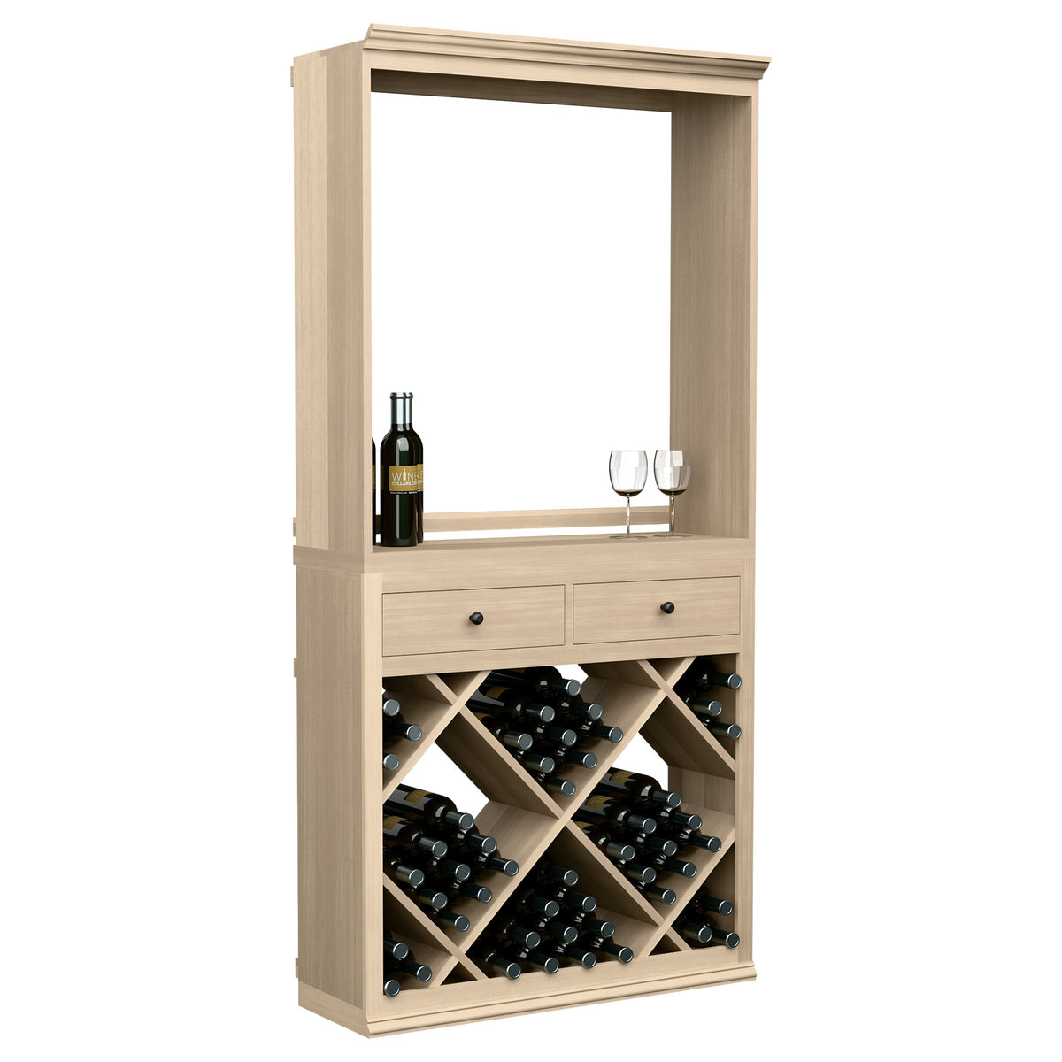 Light wood wine tasting station with two drawers, bottle and glasses on top, wine rack below