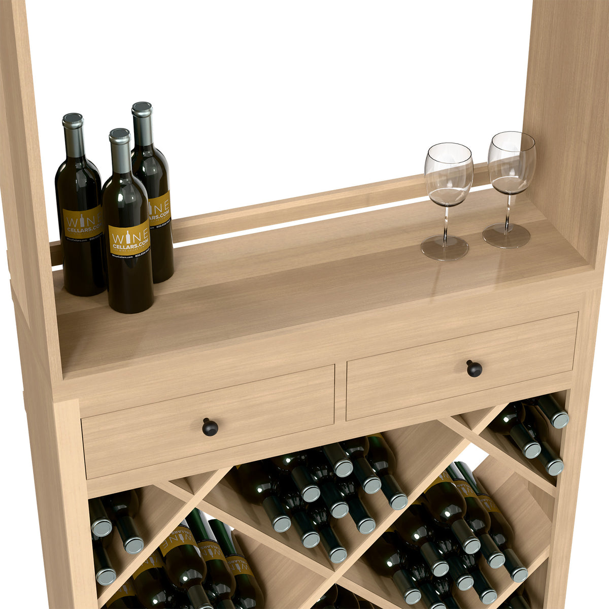 Wood wine tasting station counter with bottles, stem glasses, and visible diamond wine cubbies