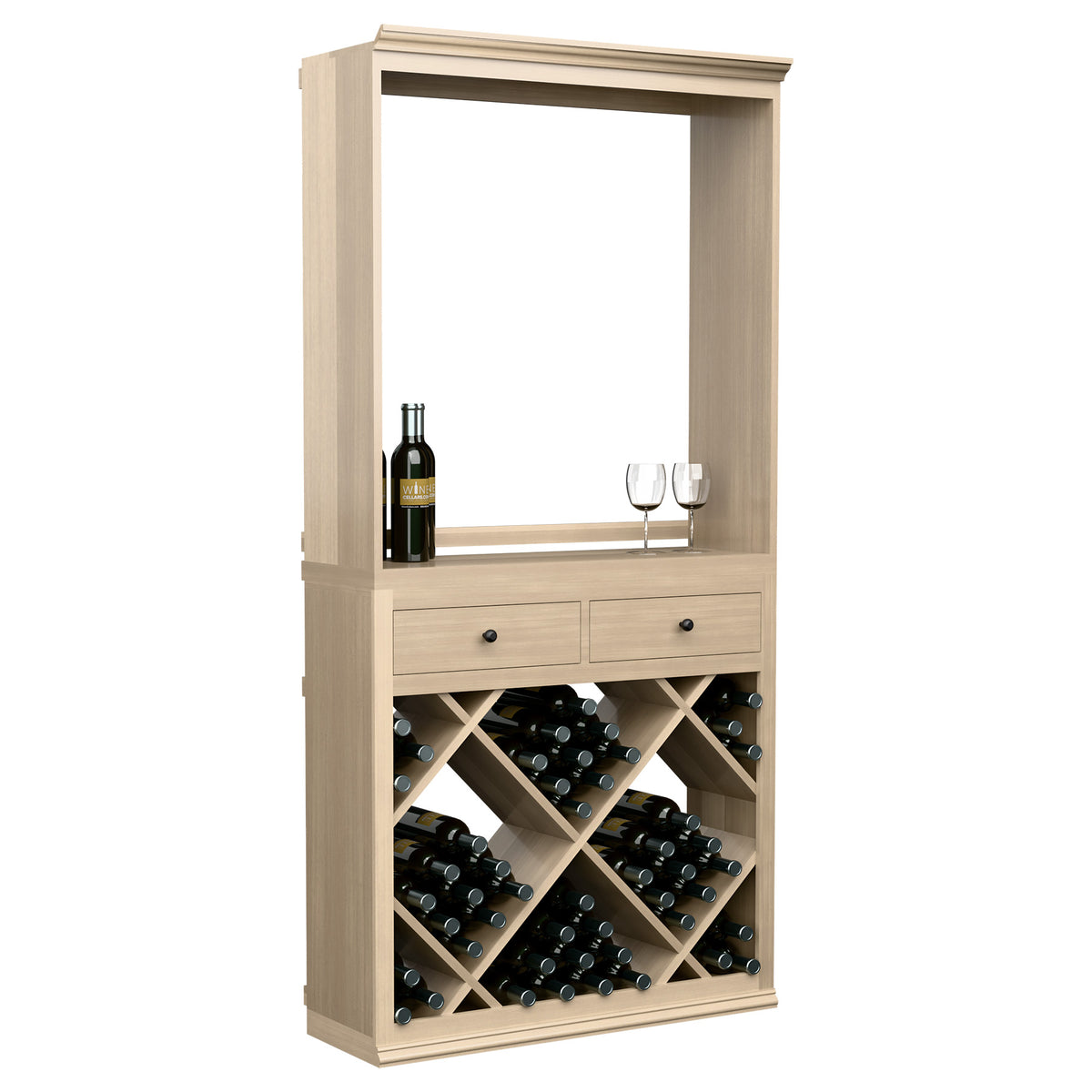 Light wood wine tasting station cabinet with bottle and glasses on shelf and wine rack storage