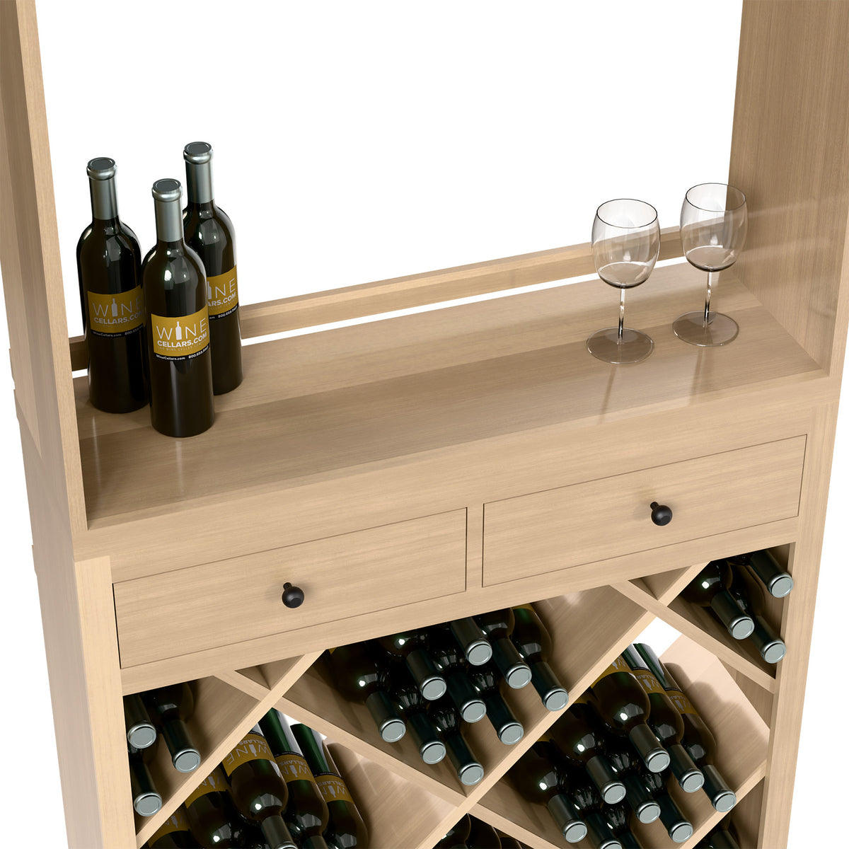 Light wood wine tasting station with stem glasses and bottles on top and wine bottle cubbies