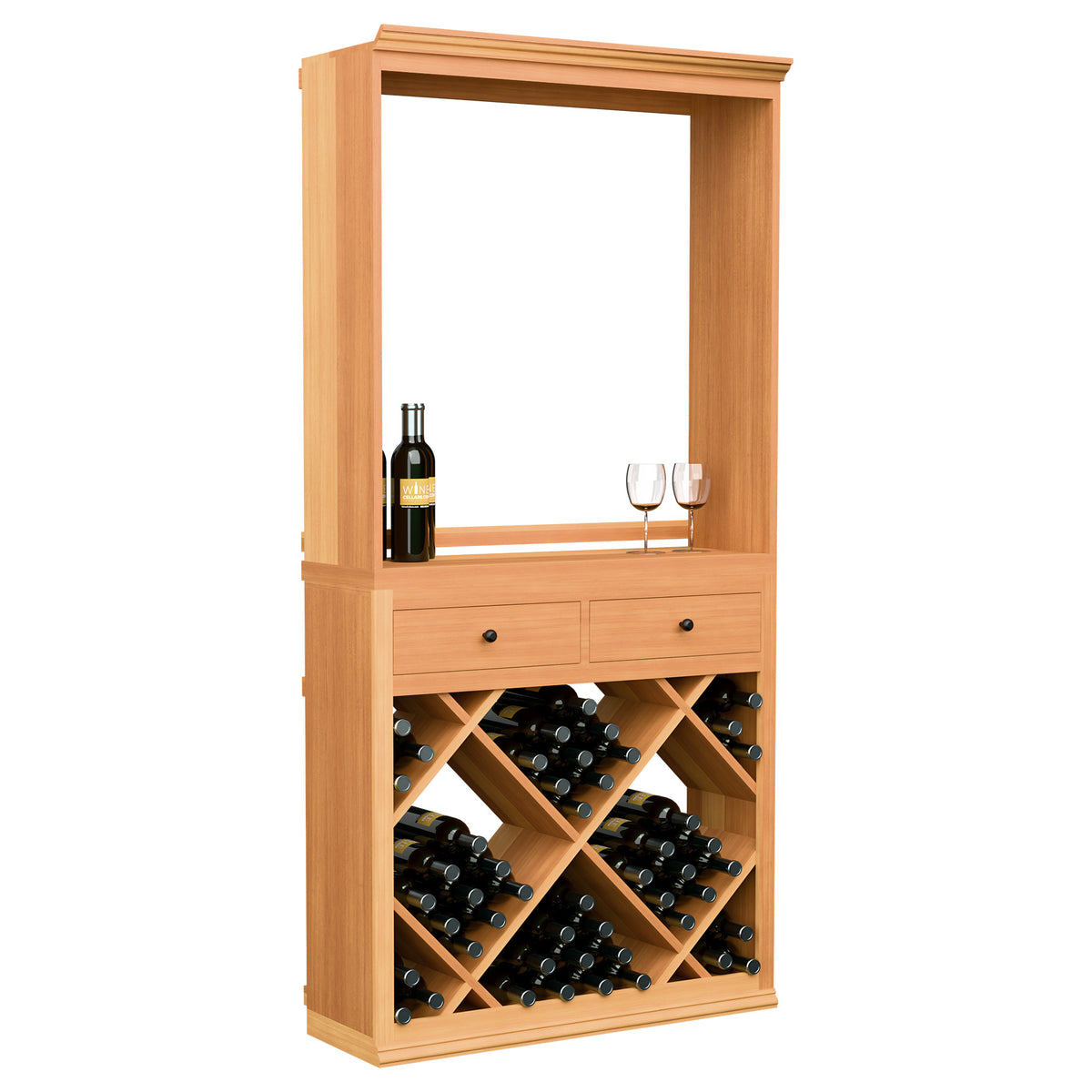 Warm wood wine tasting station with bottle and two glasses on shelf, drawers, and wine rack