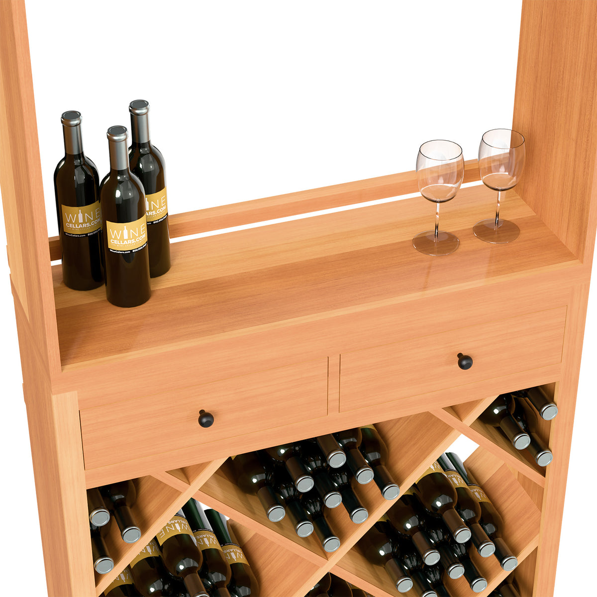 Warm wood wine tasting station counter with bottles, stem glasses, and open diamond wine rack
