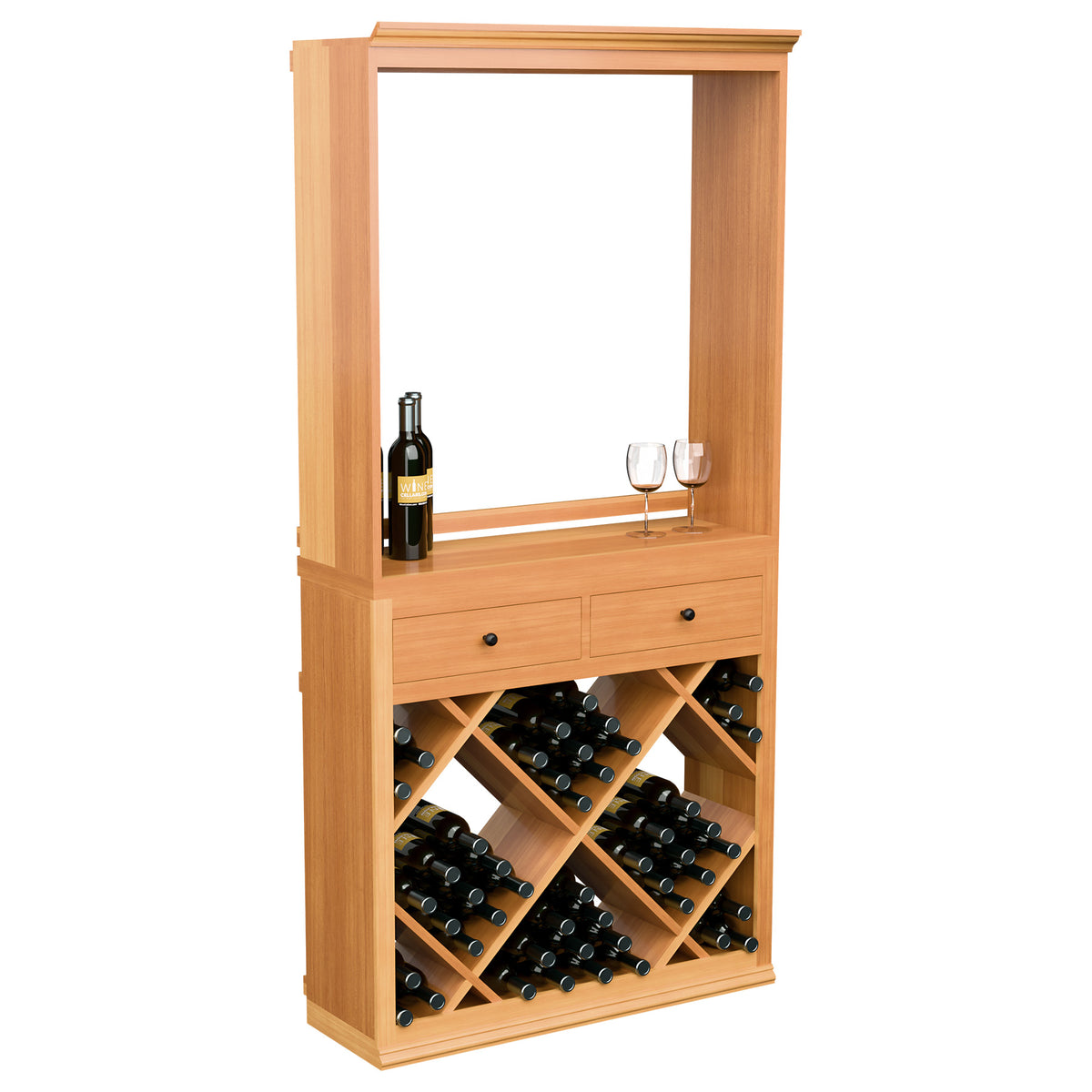 Warm wood wine tasting station cabinet with open shelf, drawers, and diamond bottle storage
