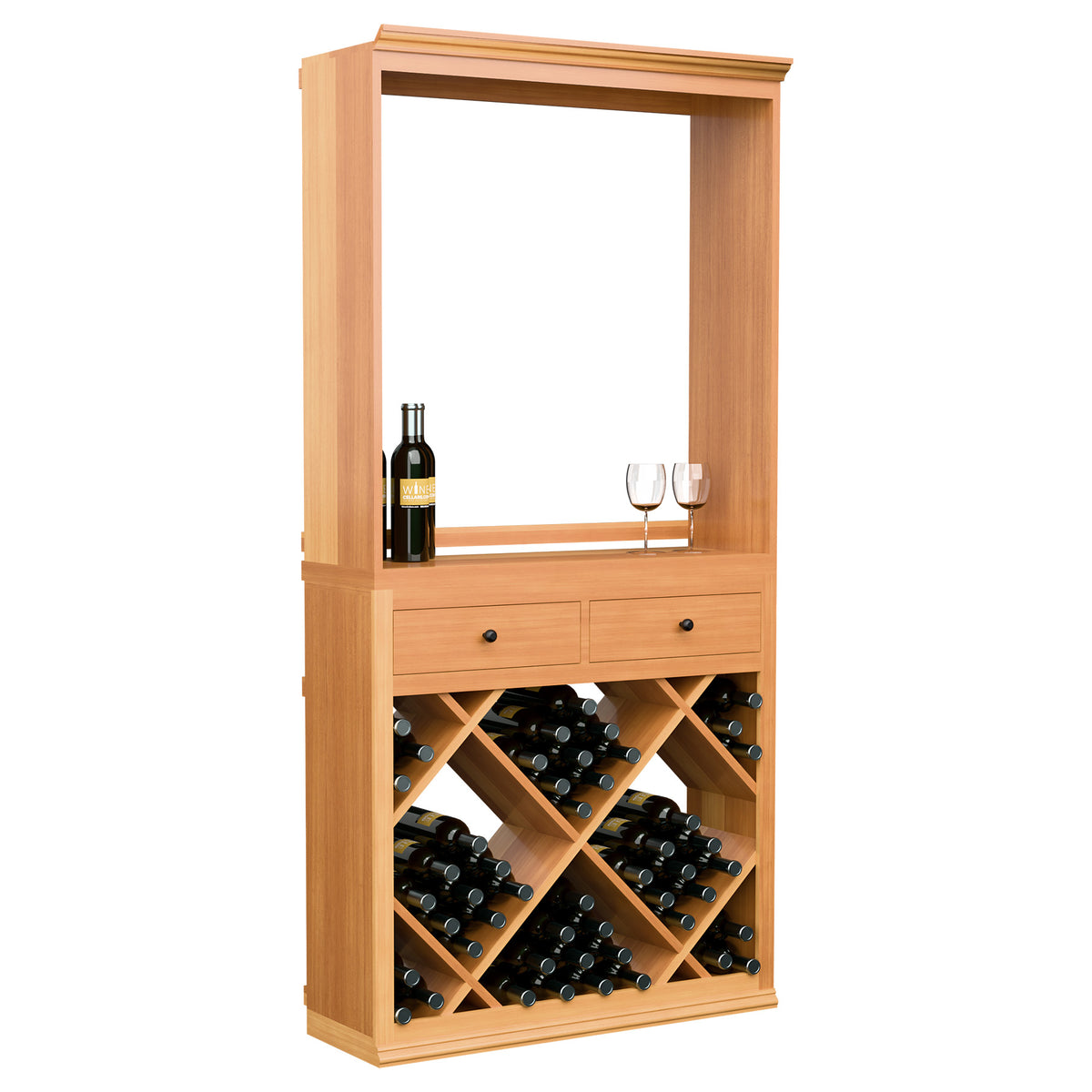 Wine tasting station with glass window, two drawers, and diagonal bottle storage