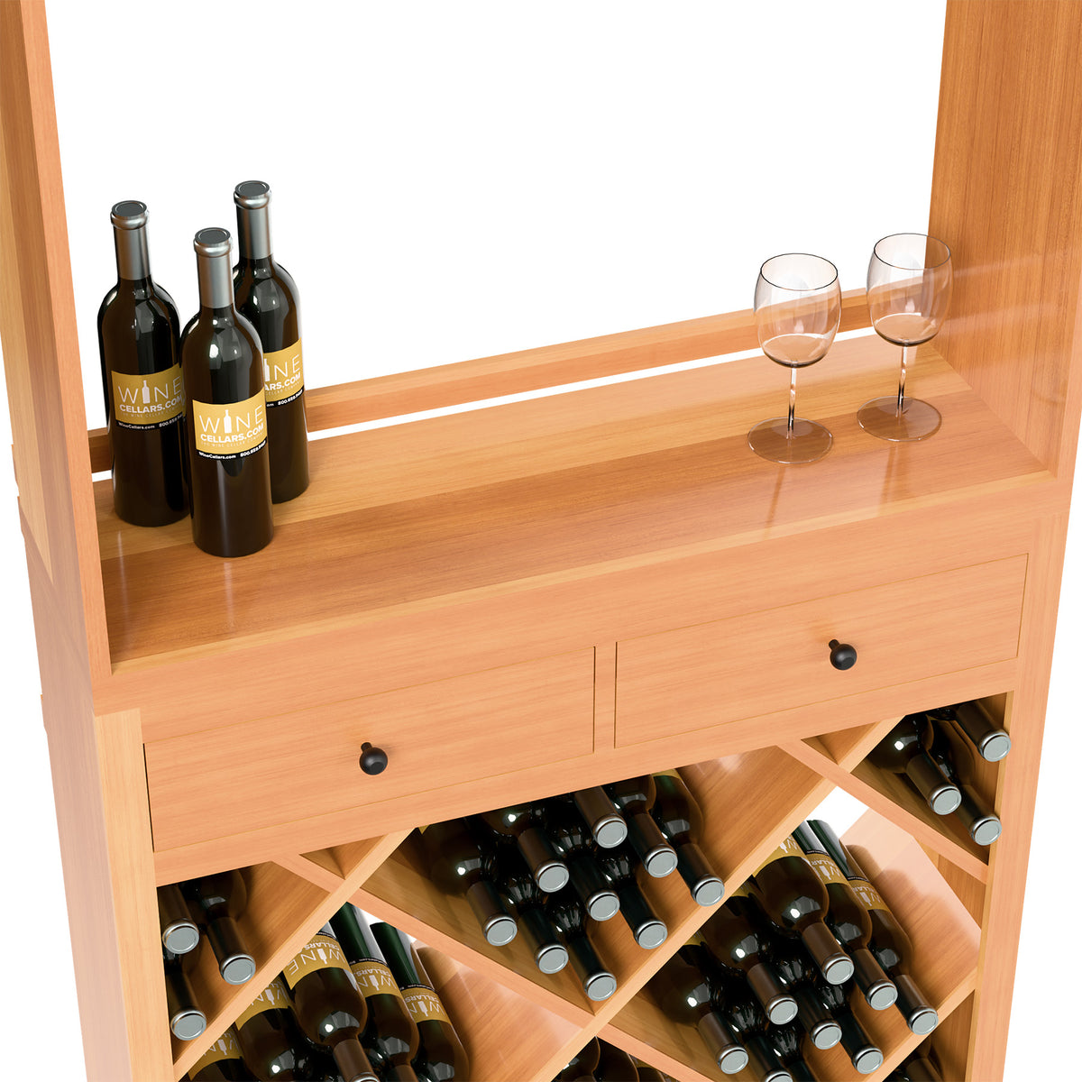 Wine tasting station countertop with bottles and wine glasses; drawers and open bottle racks below