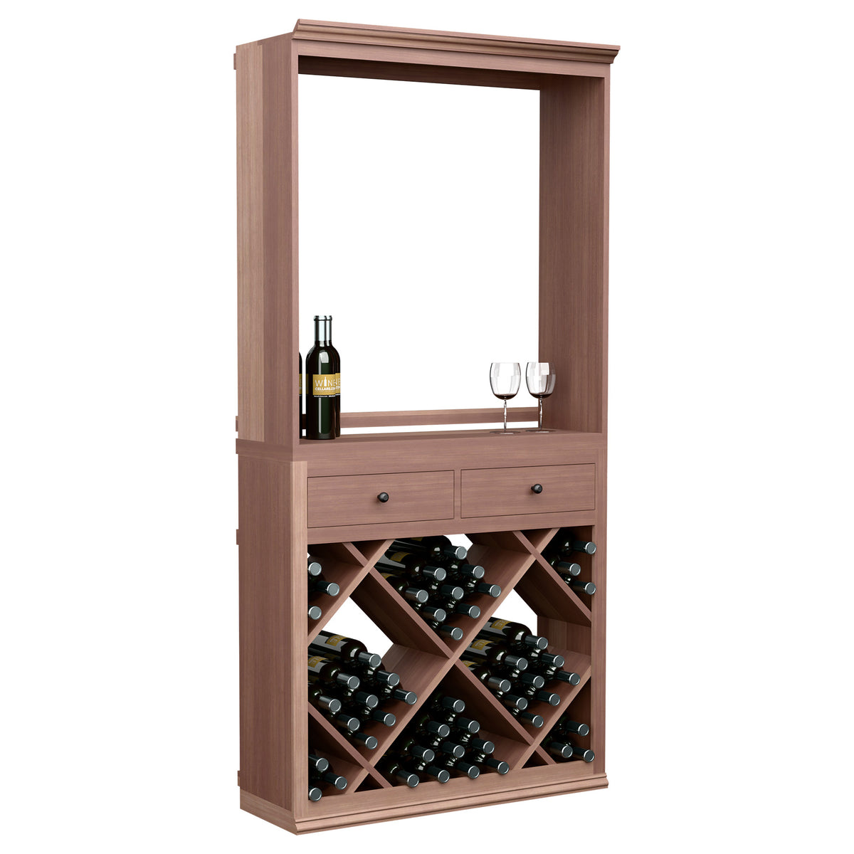 Wine tasting station with front drawers, bottle storage crisscross shelves, and glass display