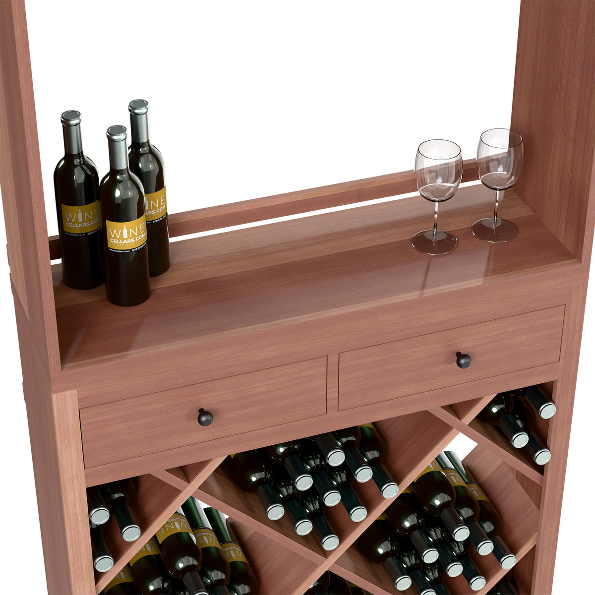 Wine tasting station front view with countertop items; two drawers and wine bottles in racks