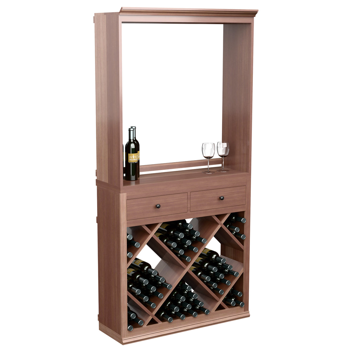 Wine tasting station with framed mirror panel, two drawers, and diagonal bottle storage slots