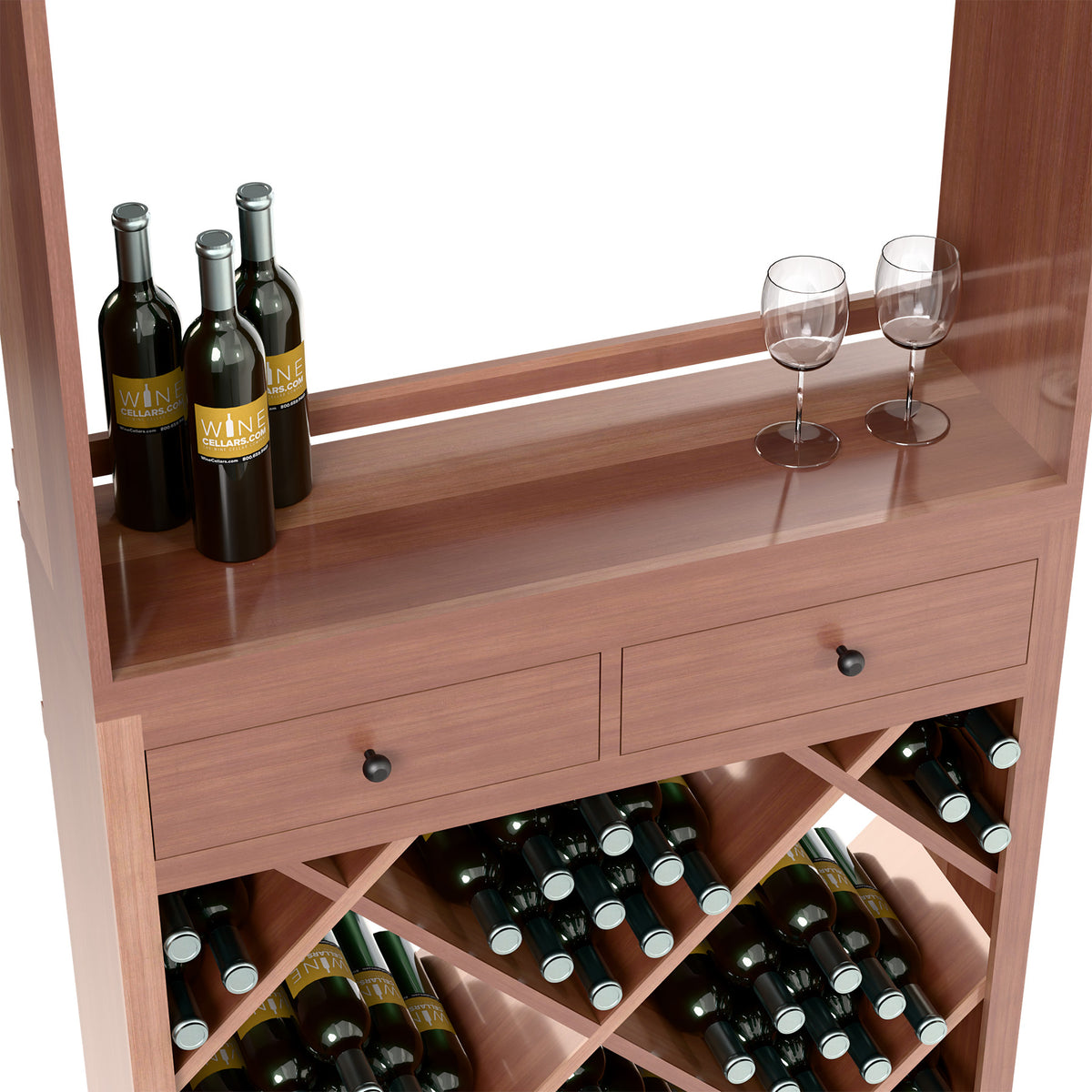 Wine tasting station countertop with bottles and glasses; drawers and lower bottle rack compartments