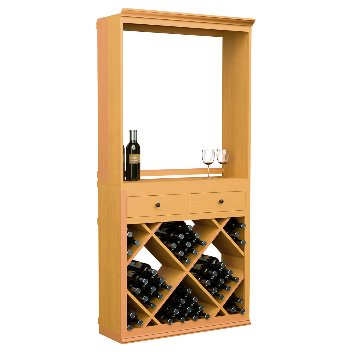 Wine tasting station with glass display panel, two drawers, and diagonal wine bottle storage