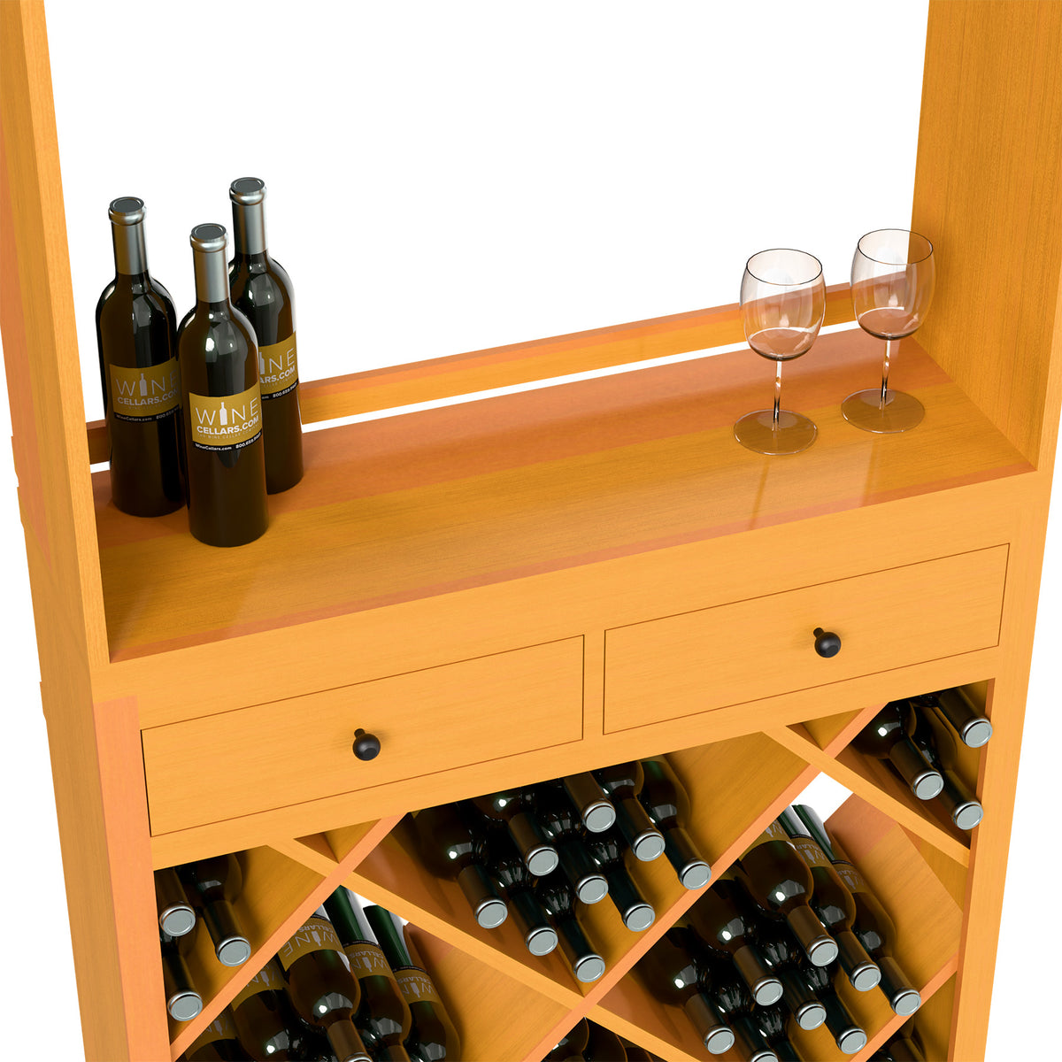 Wood wine tasting station with drawers, wine cubbies, bottles and stemware on top.