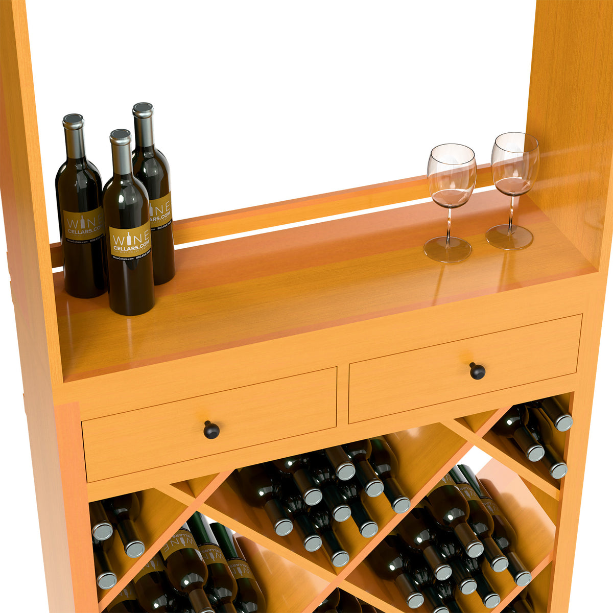Wood wine tasting station showing drawers, bottle racks, and stemware on the top shelf.
