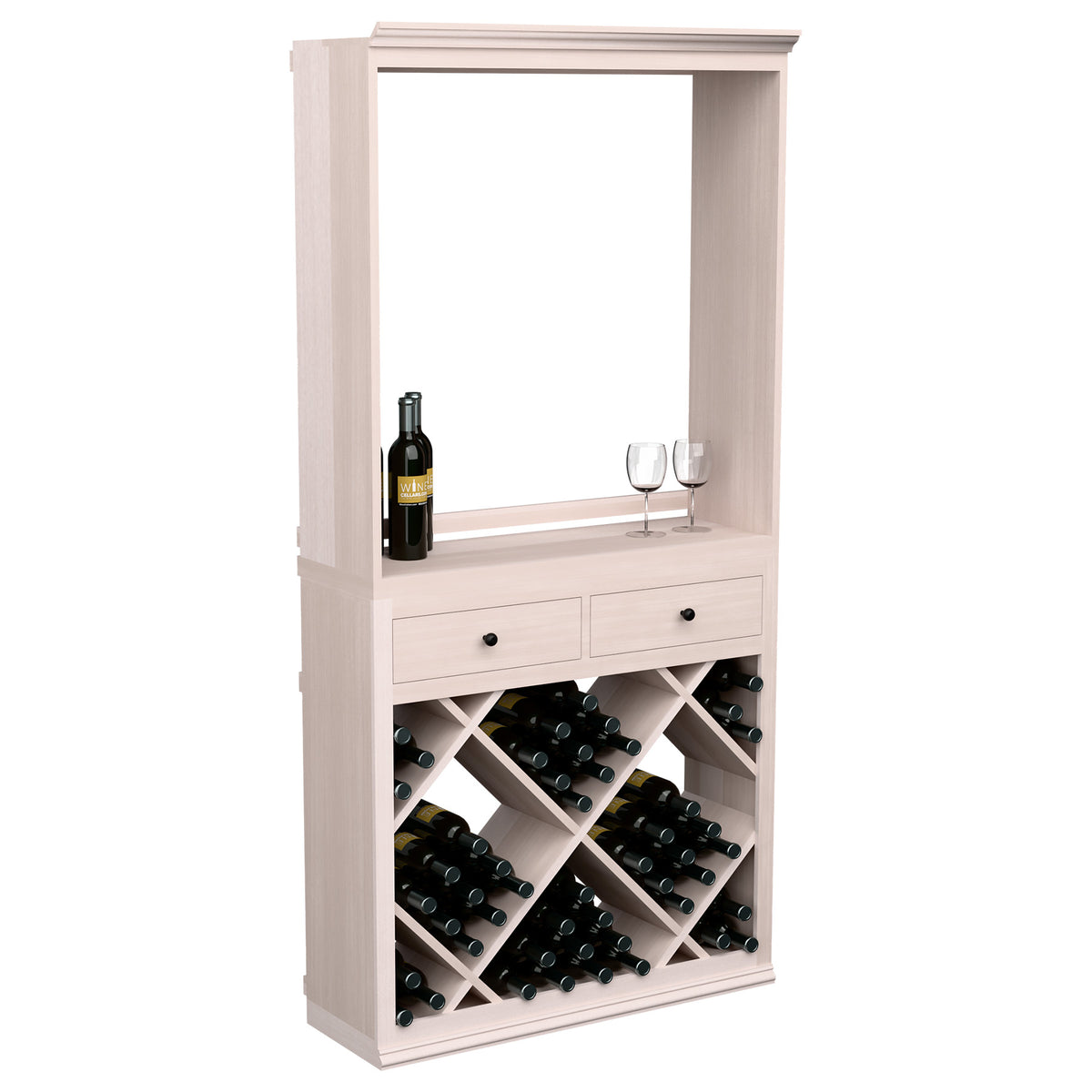 White wine tasting station with drawers and crisscross bottle racks under an open window.