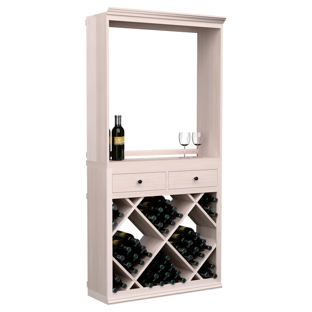 White wine storage cabinet with open front window, drawers, and diagonal bottle cubbies.