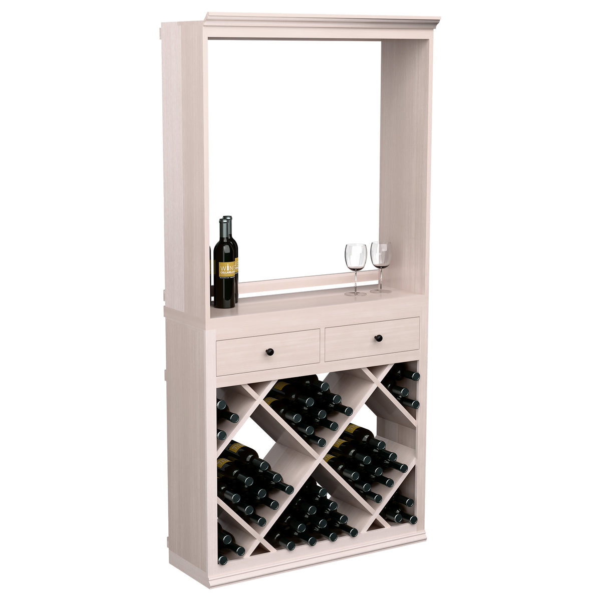 White wine tasting station with open front display area, drawers, and bottle storage cubbies.