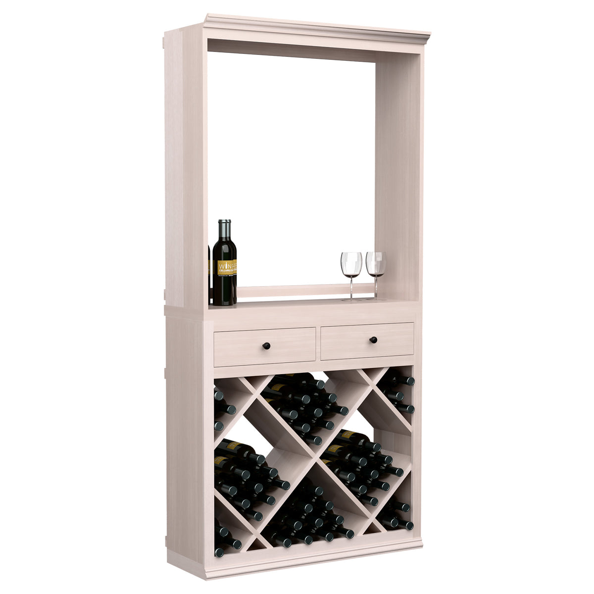 White wine tasting station with open window, drawers, and crisscross bottle rack storage.