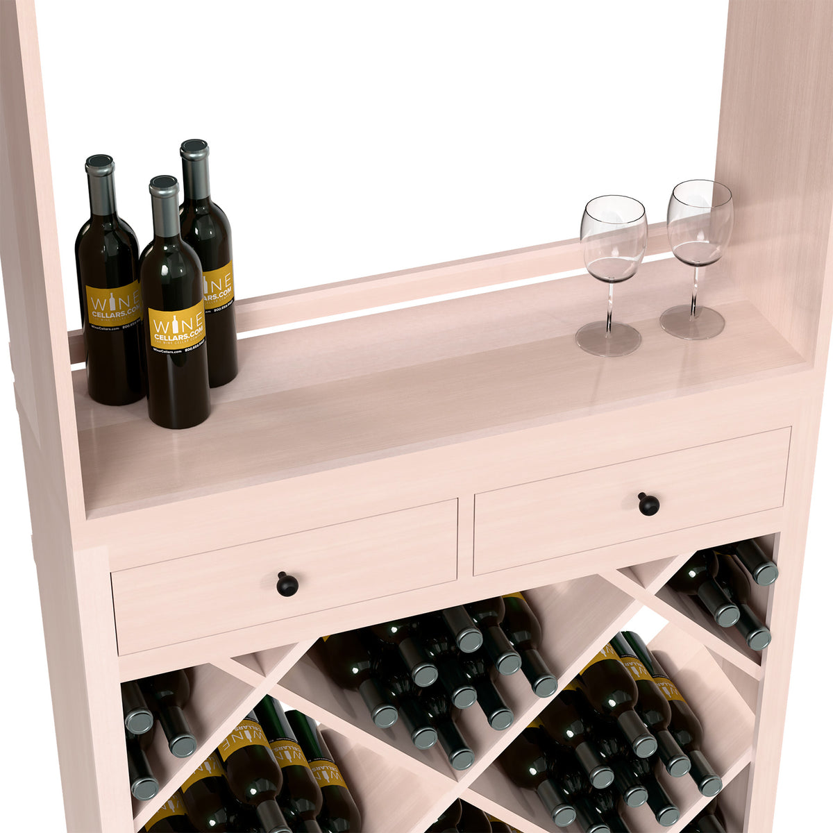 White wine tasting station with drawers, wine racks, bottles, and stemware on top shelf.
