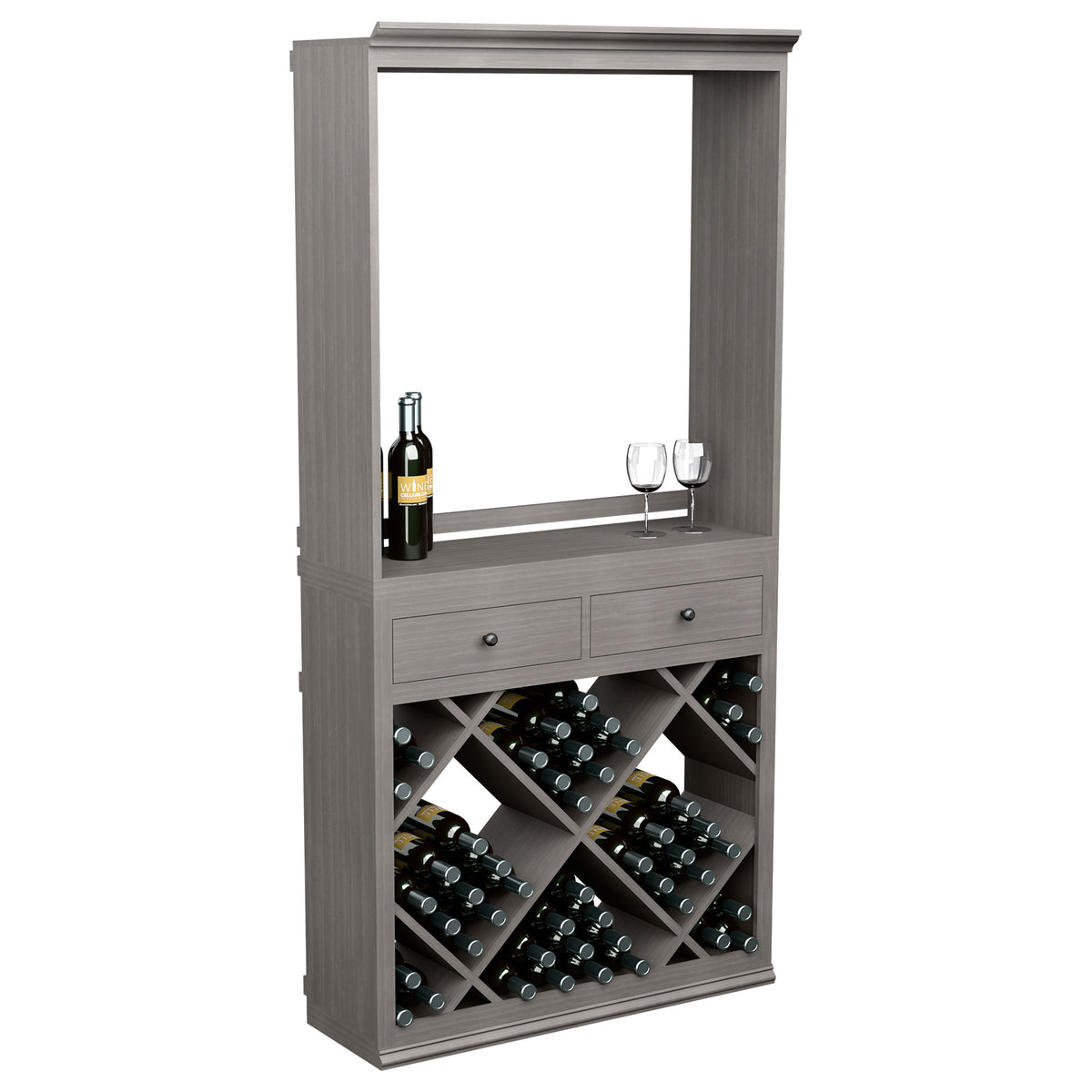 Gray wine tasting cabinet with open shelf, 2 drawers, and diamond-pattern bottle racks