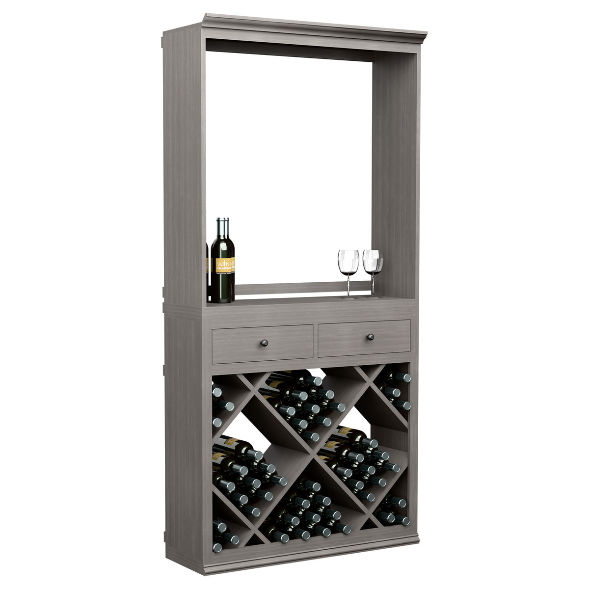 Gray wine tasting cabinet with open shelf, 2 drawers, and diamond-pattern bottle racks