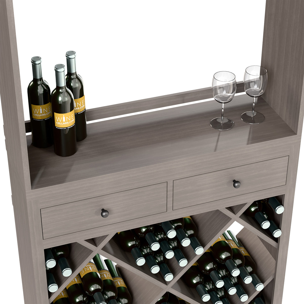 Gray wine tasting cabinet front with 2 drawers and diamond bottle storage compartments