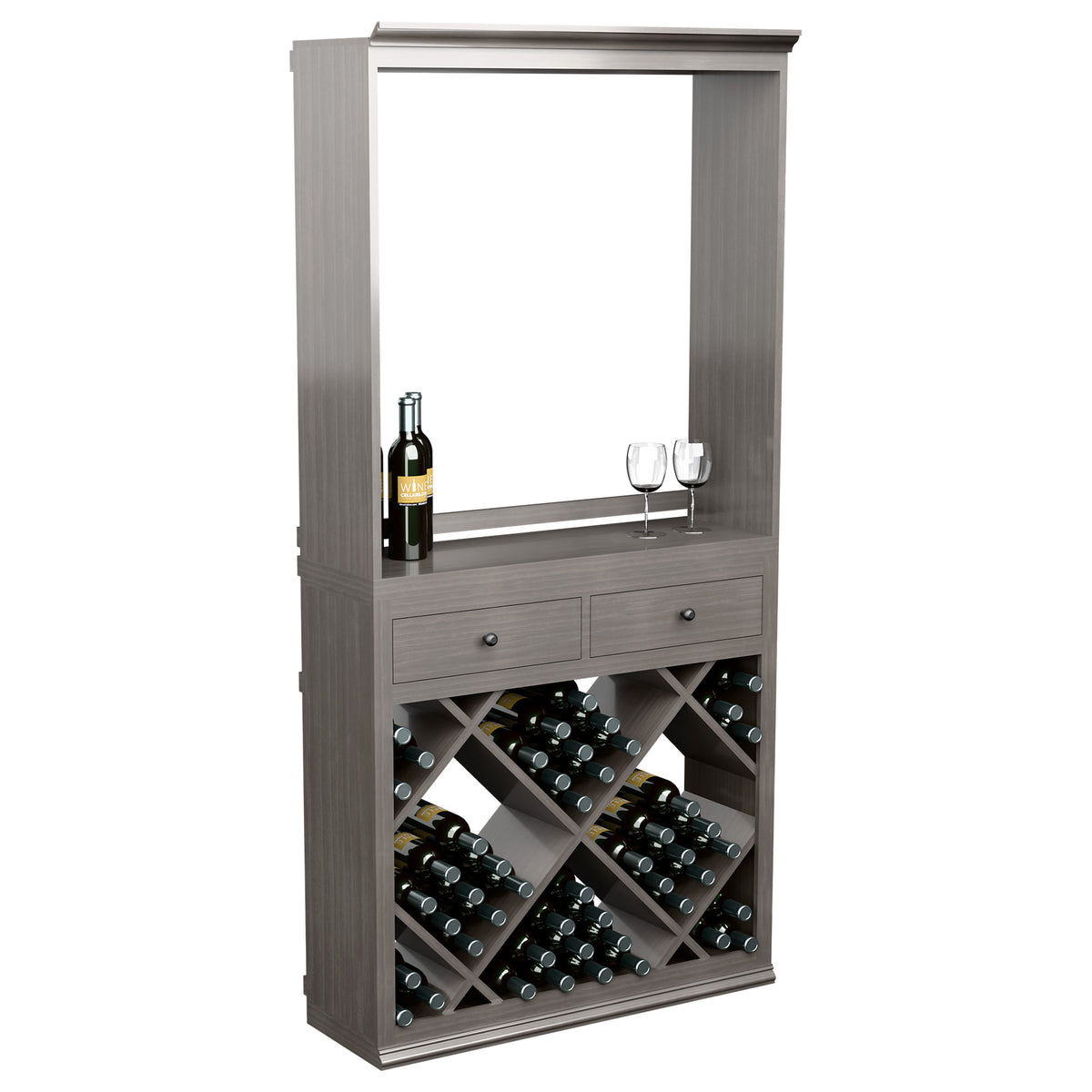 Gray wine tasting cabinet with open shelf, 2 drawers, and diamond-pattern bottle racks