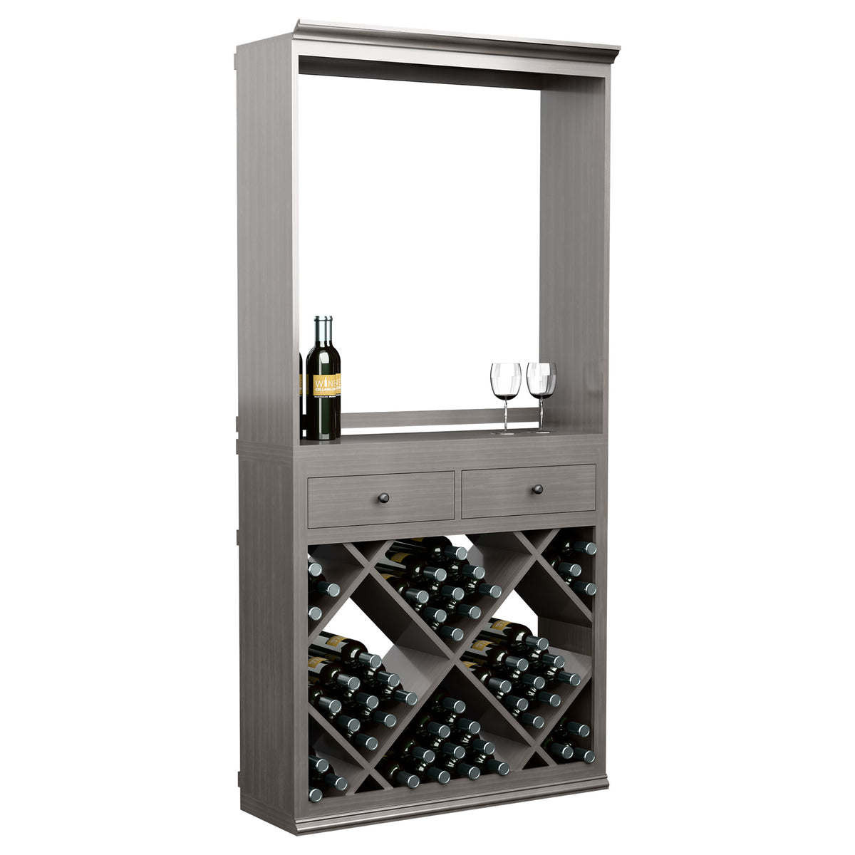Grey wine tasting station cabinet with drawers, glass shelf, and crisscross bottle rack