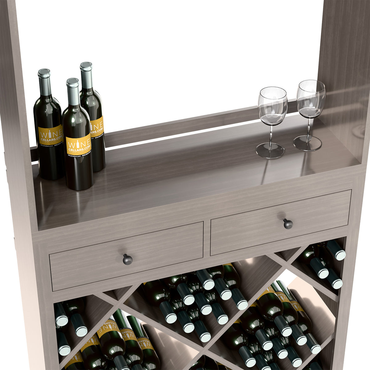 Grey wine tasting cabinet with two drawers and open bottle storage with diamond supports