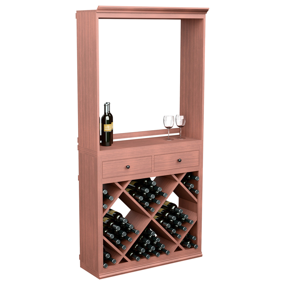 Red wood wine tasting station with drawers, window opening, and crisscross wine bottle rack