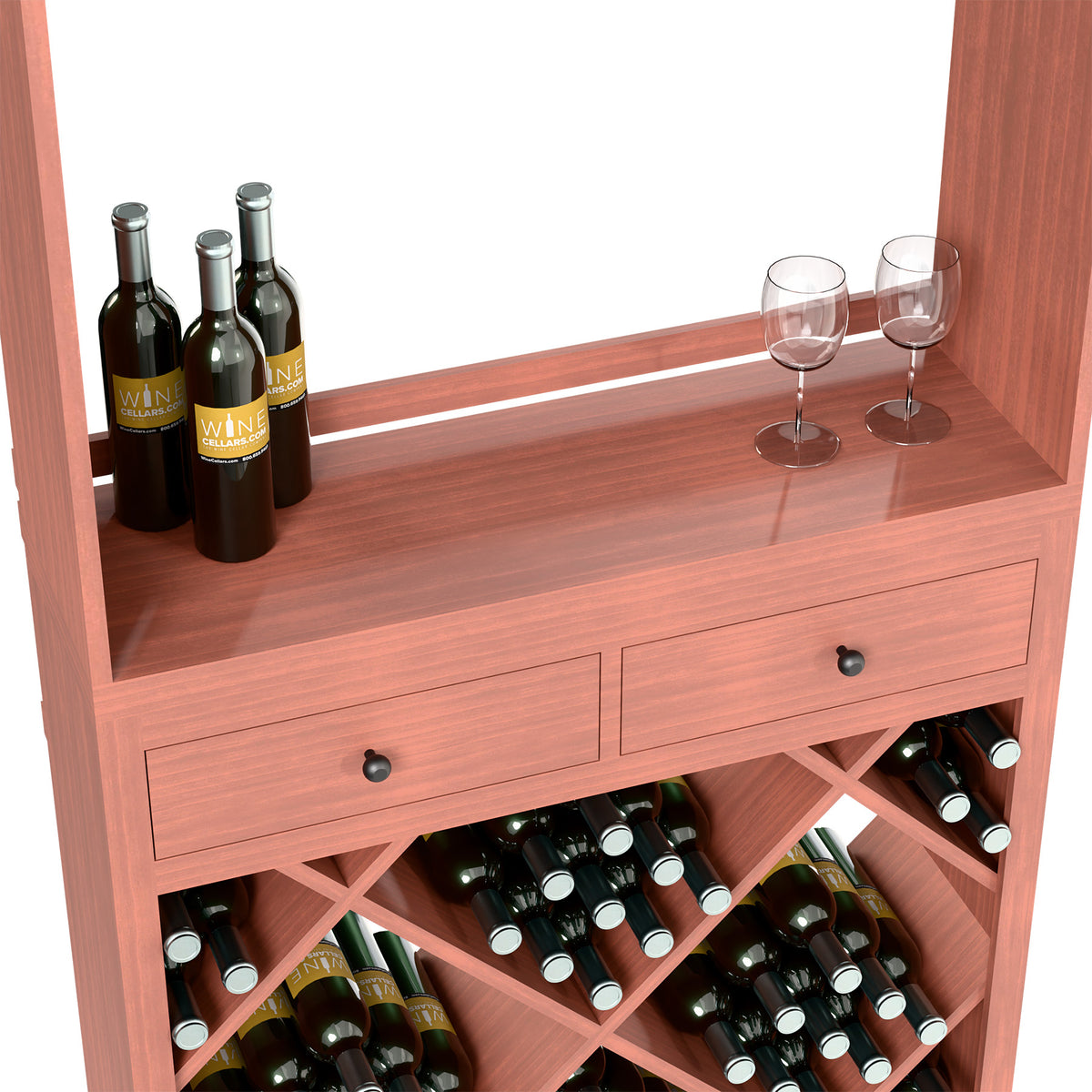 Red wood wine tasting cabinet with two drawers and open crisscross wine bottle cubbies