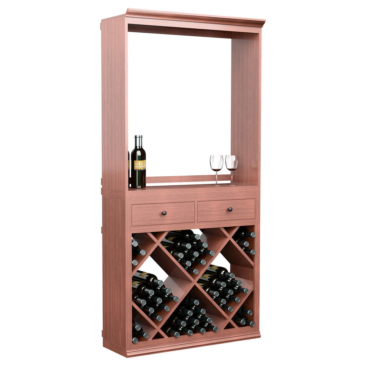 Red wood wine tasting station with top opening, two drawers, and crisscross bottle rack