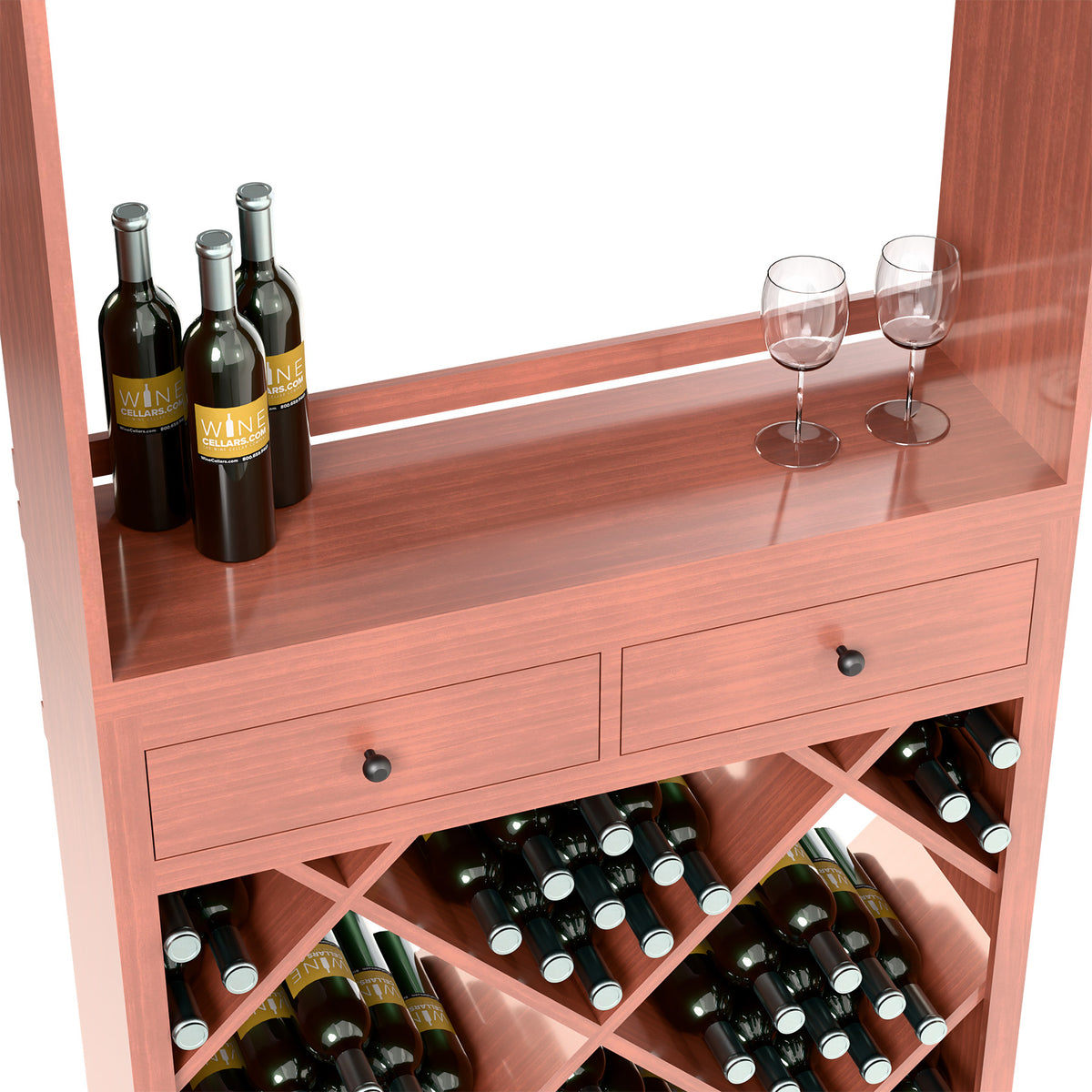 Red wood wine tasting cabinet with two drawers and diamond-pattern bottle storage