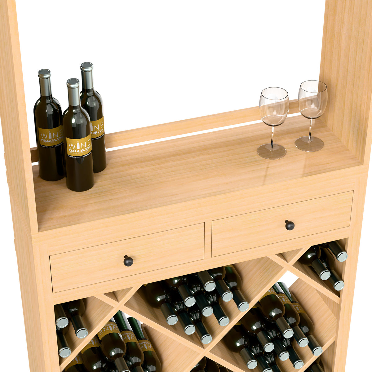 Solid wood wine tasting station with two drawers and diagonal bottle racks; glasses on top
