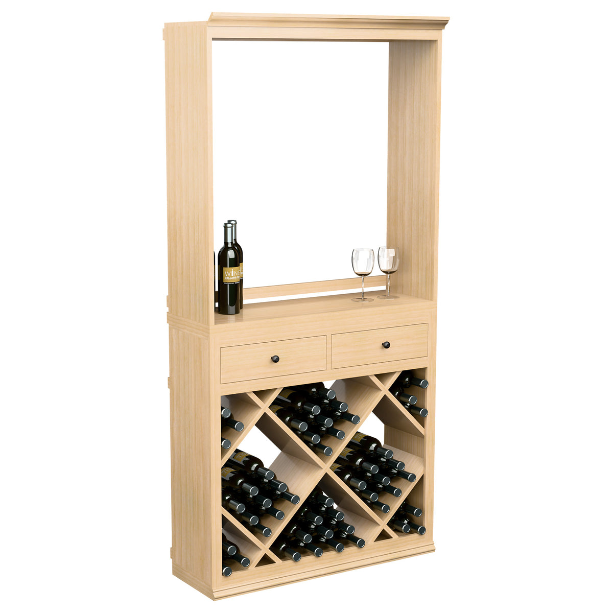 Freestanding wood wine cabinet with framed opening, two drawers, and crisscross wine racks