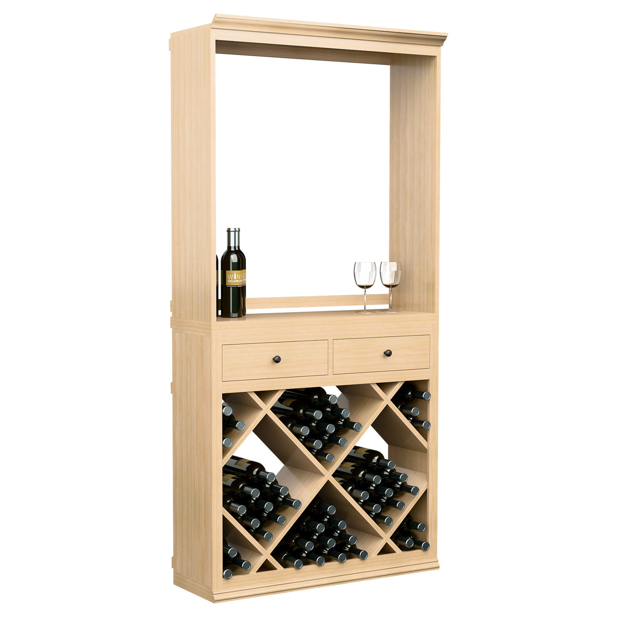 Wood wine cabinet with framed display area, two drawers, and diagonal bottle storage