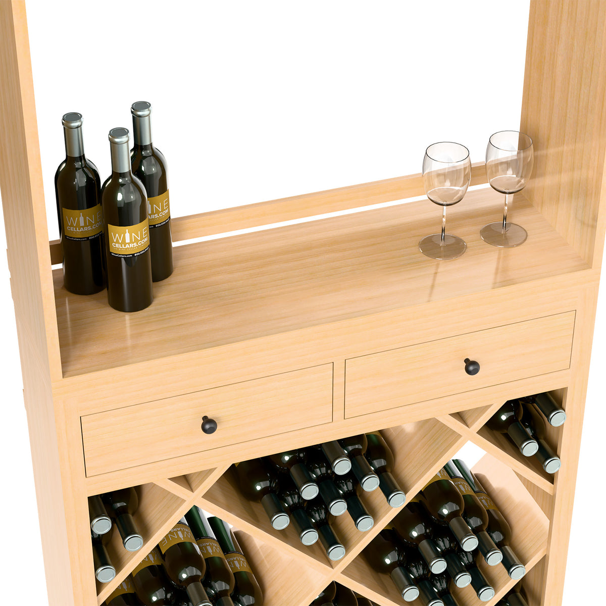 Solid wood wine tasting station with two drawers and crisscross bottle racks; bottles and glasses