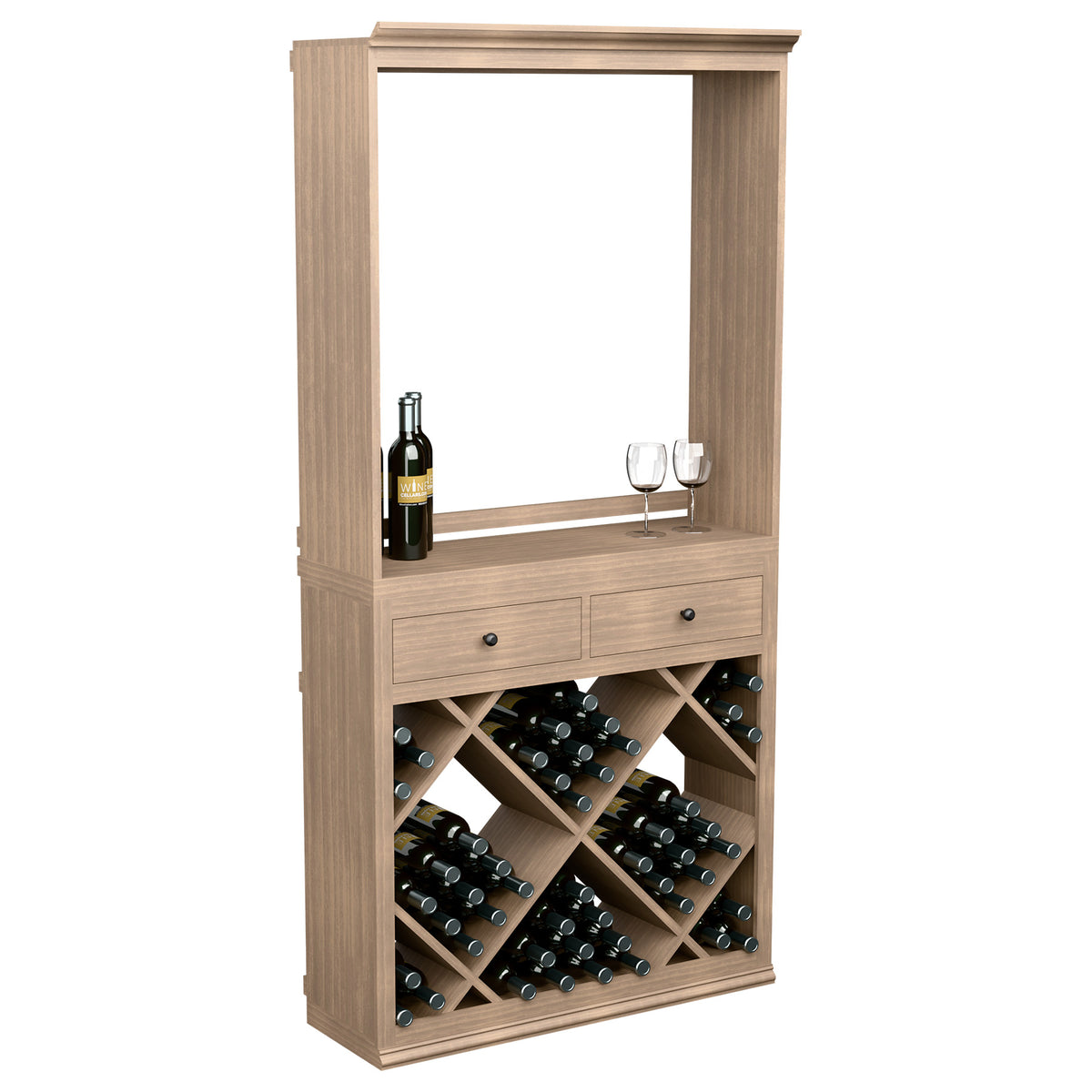 Wood wine cabinet with framed top opening, two pull-out drawers, and diagonal wine racks
