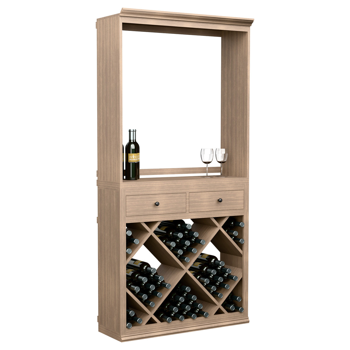 Solid wood wine cabinet with framed shelf, two drawers, and crisscross bottle storage