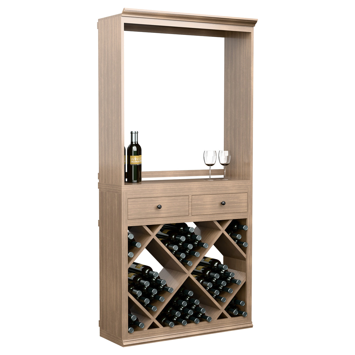 Wood wine cabinet with framed display, two drawers, and diagonal bottle rack compartments
