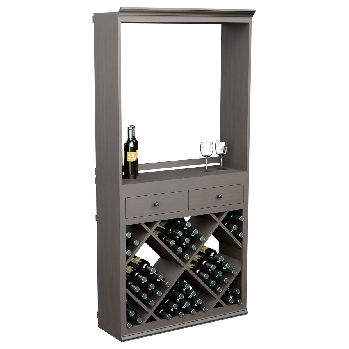 Grey wine tasting cabinet with two drawers, open display shelf, and diamond wine rack