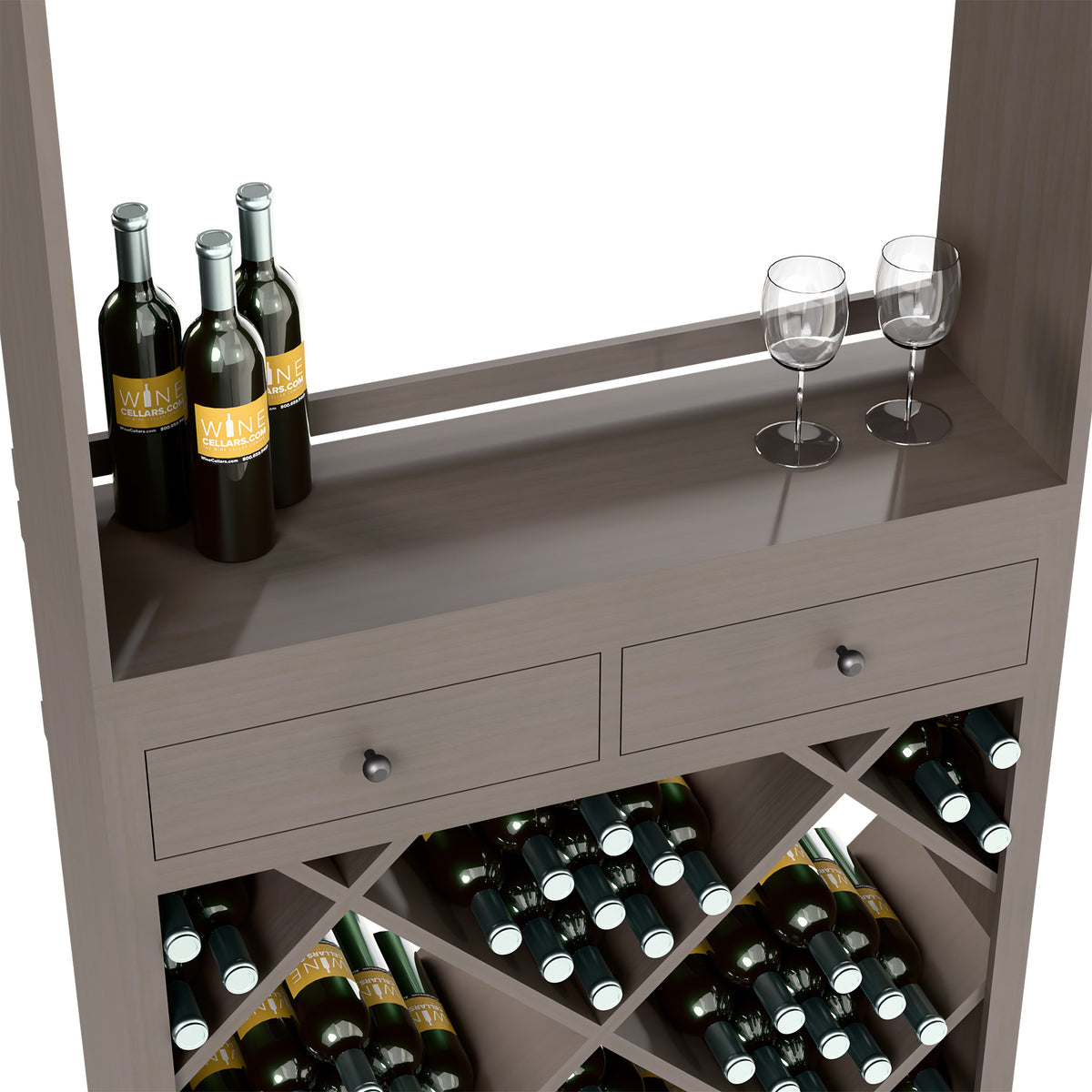 Grey tasting cabinet showing two drawers and diamond-cross wine rack with bottles