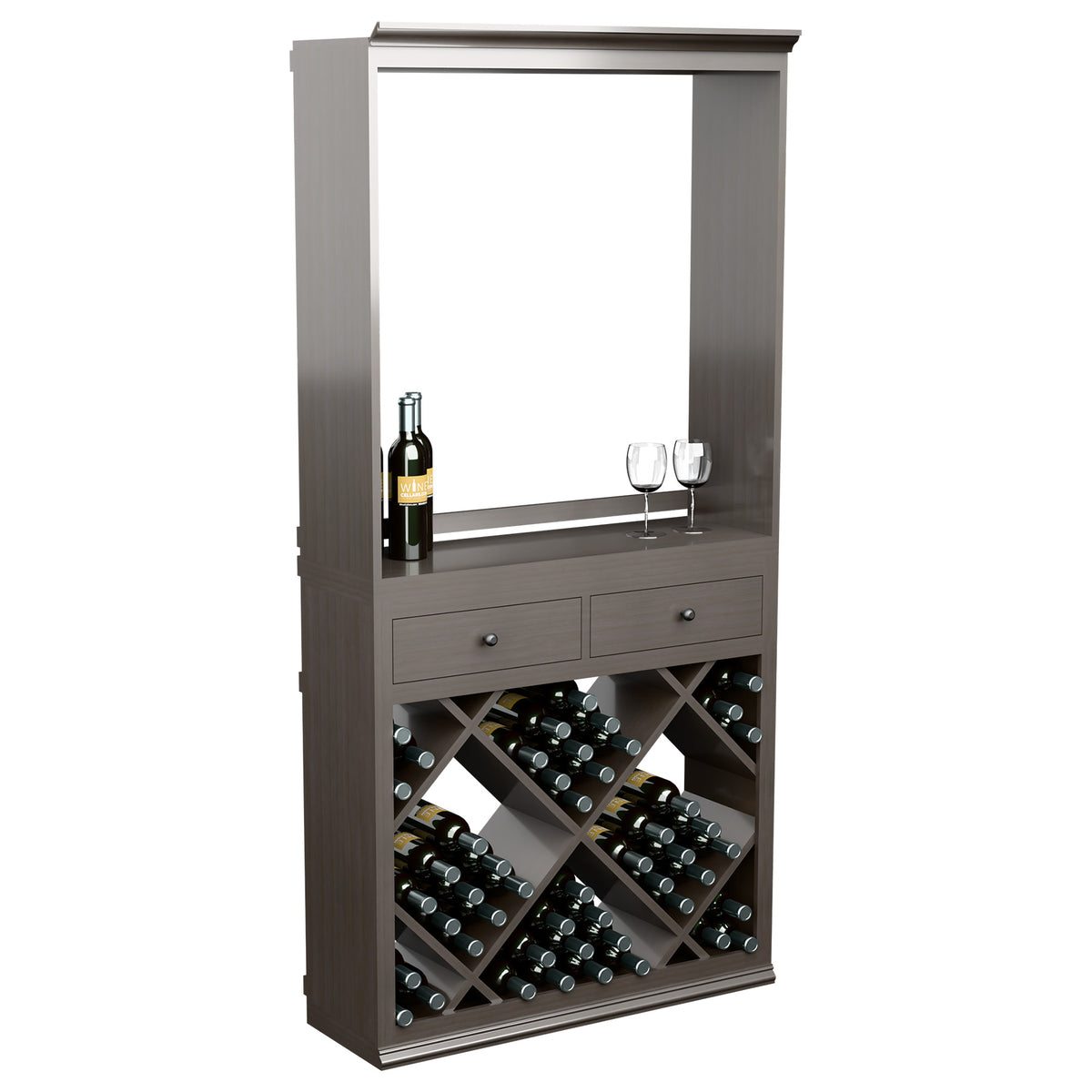 Grey wine tasting station cabinet with open shelf, bottle and glasses, and diamond wine rack