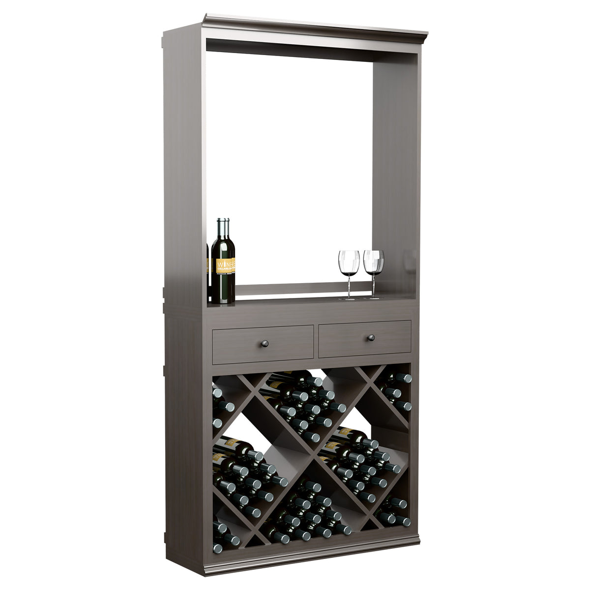 Grey wine tasting cabinet with open top shelf, bottle, two drawers, and diamond wine rack