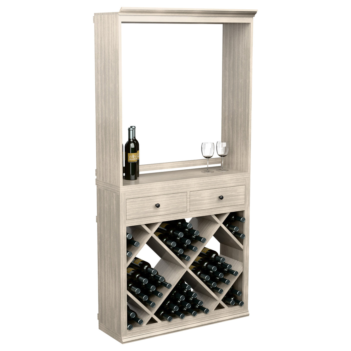 Light wood wine tasting cabinet with open display shelf, bottle, two drawers, and diamond rack
