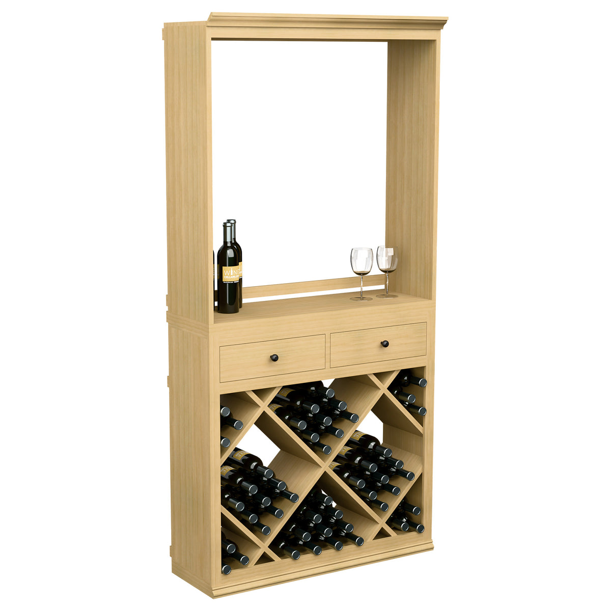 Light wood wine tasting station cabinet with open top shelf, diamond wine rack, two drawers