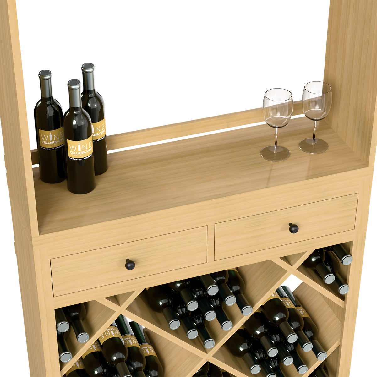 Light wood wine tasting station with side bottle storage, two drawers, and diamond wine rack