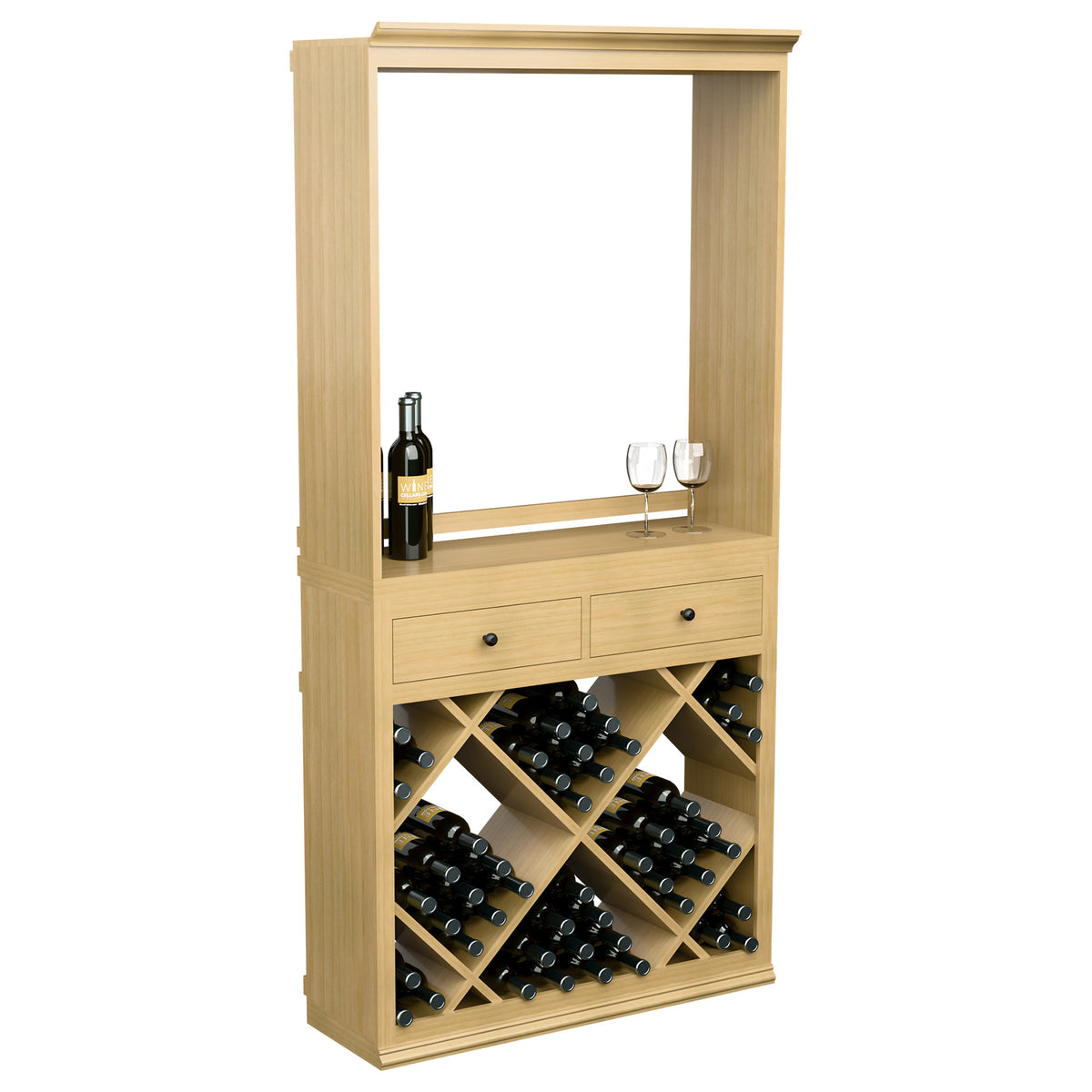 Light wood wine tasting station cabinet with glassware shelf and diamond-pattern wine rack